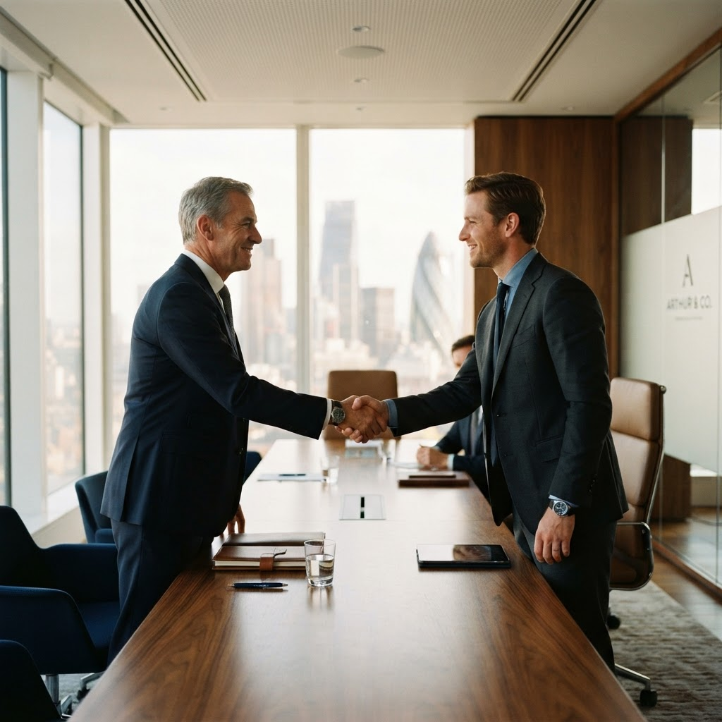 Two professionals reaching agreement across a conference table